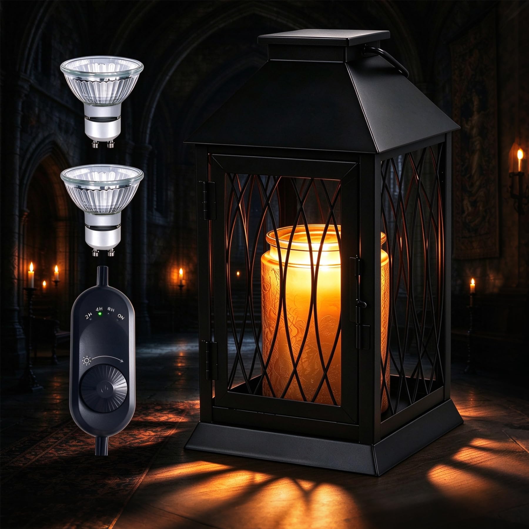 Candle Warmer Lamp with Timer & Dimmer, Fully Enclosed Black Metal Lantern