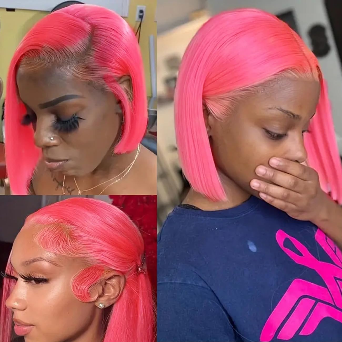Pink 13x4 HD Lace Front Bob Wigs 12Inch Brazilian Virgin Human Hair Hot Pink with Boby Hair Wig Pre Plucked Natural Hairline Transparent Lace Pink Front Bob for Women (12Inch)