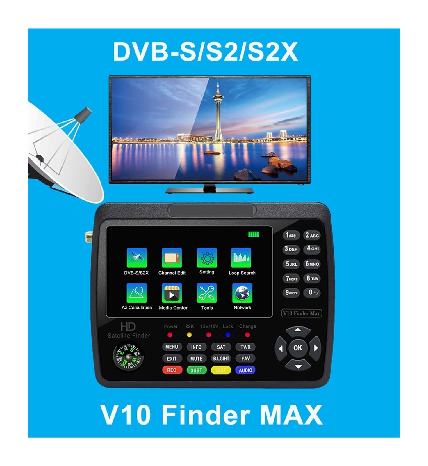 V10 satelitarna wyszukiwarka telewizji DVB-S/S2/S2X cyfrowy miernik sygnału odbiornik z 4,3-calowym wyświetlaczem LCD Wyczyść wyświetlacz(V10 MAX)