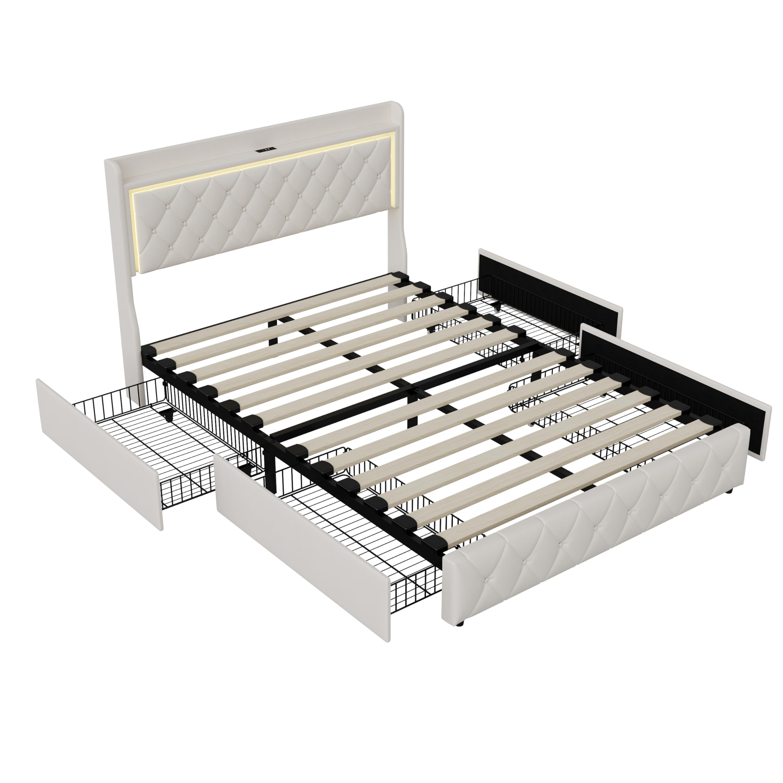 Cama Tapizada 140x190 con almacenaje,Cama Matrimoniales con 4 Cajones Cama Doble con Somier Cama Acolchada con USB y Luz LED Marco de Cama con Cabecero Cama Juvenil, Terciopelo Beige, Sin Colchón