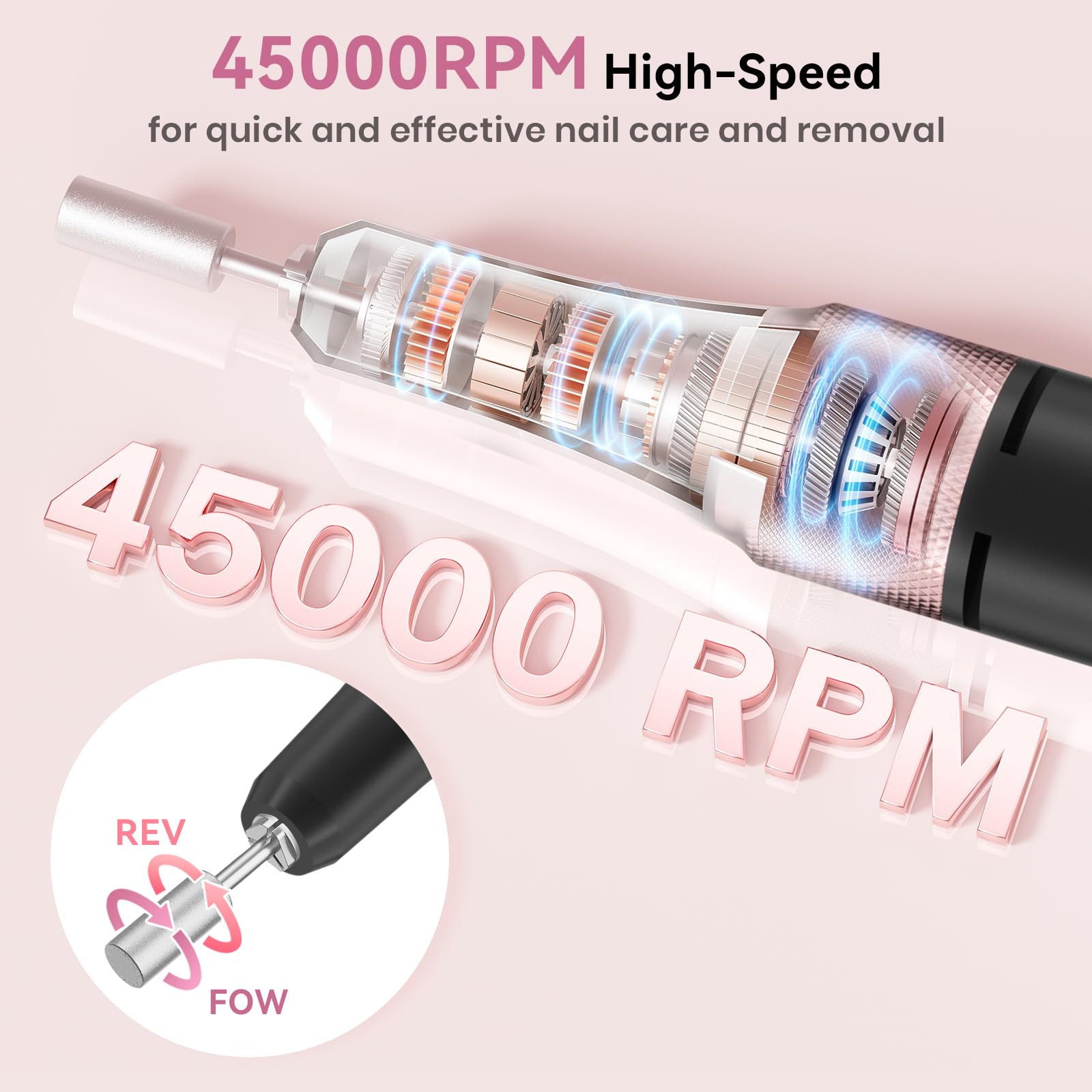 Elektrische Nagelfeile, Schwarze Nagelbohrmaschine Pro Wiederaufladbar 4000mAh mit 8 Stunden Laufzeit, 45000U/min Acryl Nagel Kit für Gel, E Feilen Set mit 6 Bits, 7 Bändern, LED-Bildschirm