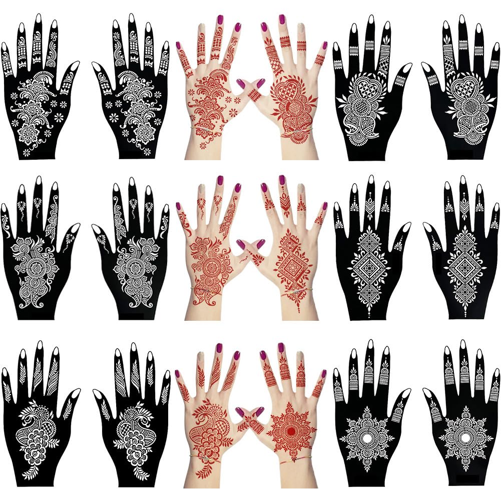 QSTOHENA 12 Sheets Henna Tattoo Stencil Kit for Hands, Indian Arabian Temporary Tattoo Template Self Adhesive Mehndi Stencil Stickers for Women Girls?8.2