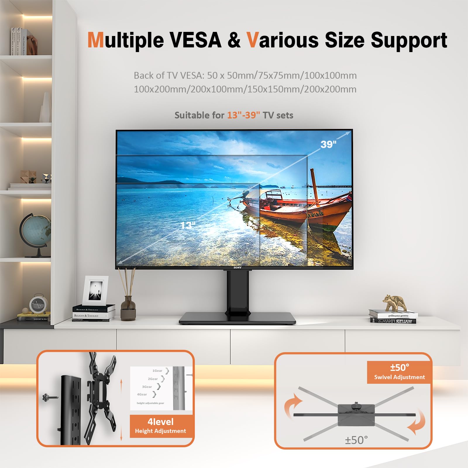 HT07B-002 - Supporto universale girevole per TV da 13 a 39 pollici, girevole a 100 gradi, altezza regolabile in 4 livelli, base in vetro temperato resistente, supporta fino a 40 kg