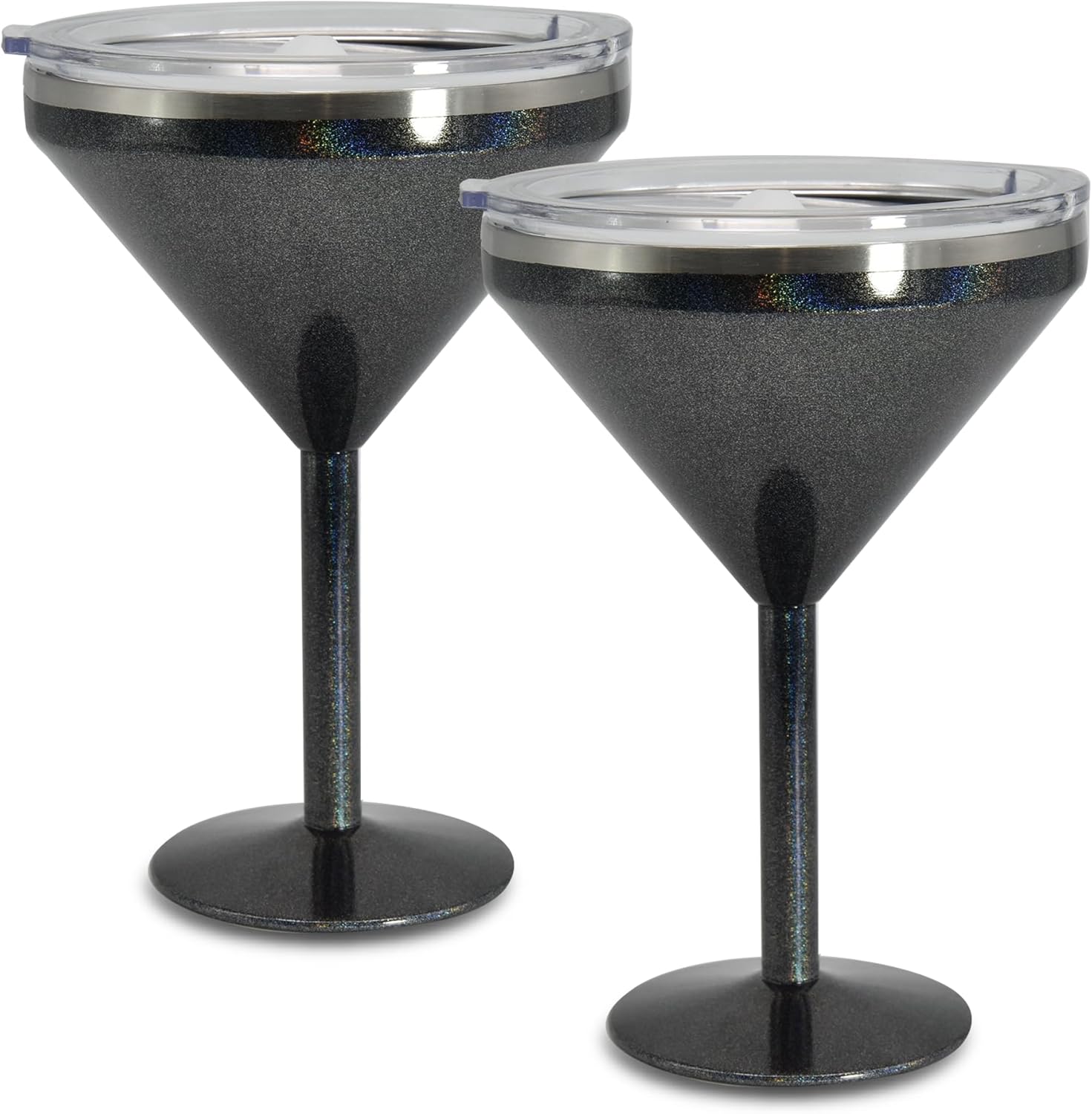 AGH 2 Pack Stainless Steel Martini Tumbler with Lid, 10oz Insulated Margarita Tumbler, Double Wall Vacuum Cocktail Tumbler Wine Glasses for Party, Vacation, Pool, Beach & Patio (Glitter Paint-Black)
