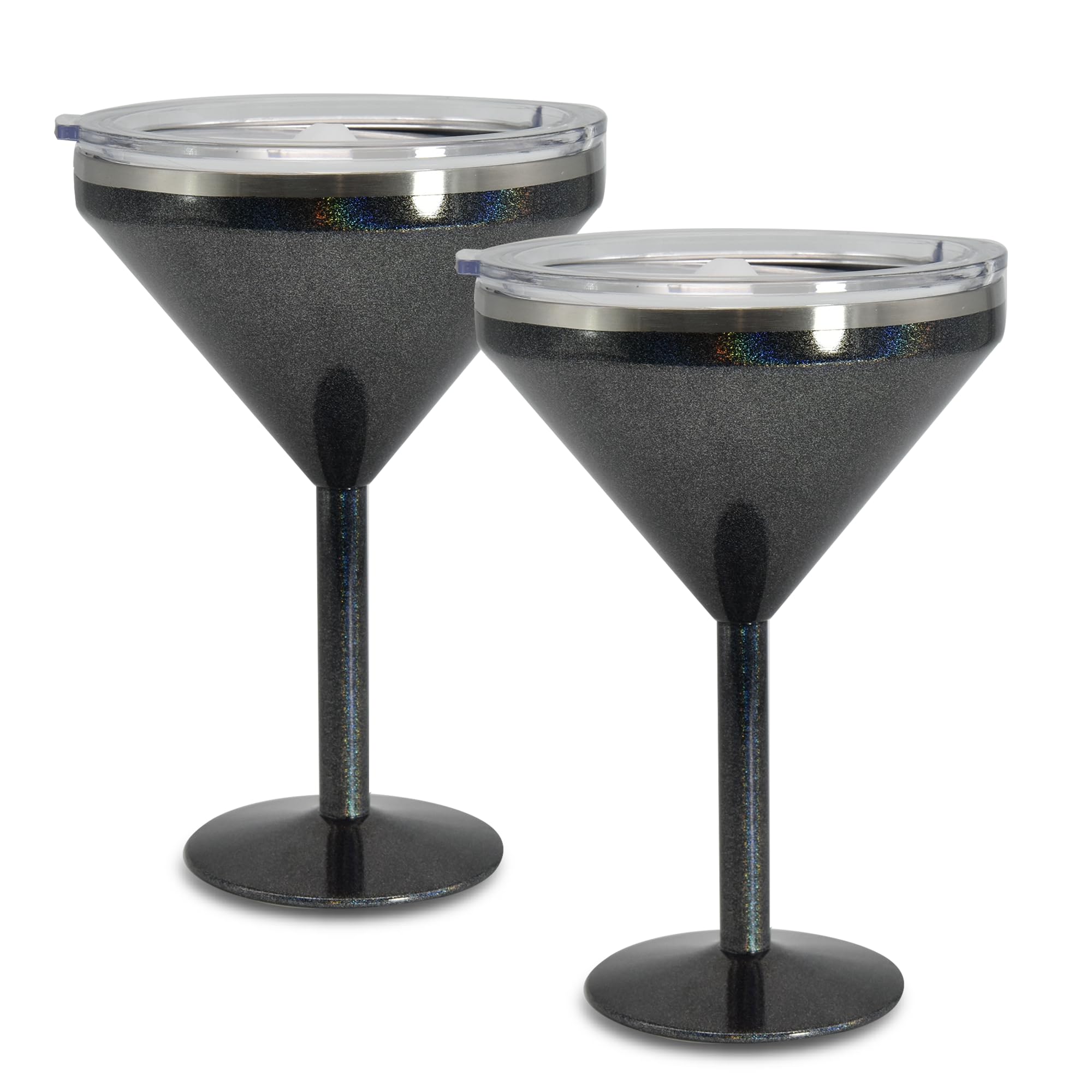 AGH Martini-Becher aus Edelstahl mit Deckel, 284 ml, isolierter Margarita-Becher, doppelwandig, Vakuum-Cocktailbecher, Weingläser für Party, Urlaub, Pool, Strand und Terrasse, 2 Stück (Glitzerfarbe