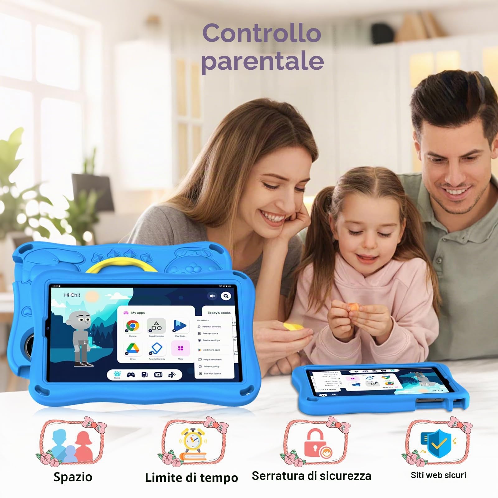 Tablet Android 15 Tablet 9 Pollici, 32GB ROM (TF 2TB), Octa-Core, Widevine L1, GMS, 5G+2.4G WiFi 6, 5 + 8 MP, 1340 * 800 Pixel, 5000mAh, Bluetooth 5.0, Control parentale, Eva - Blu