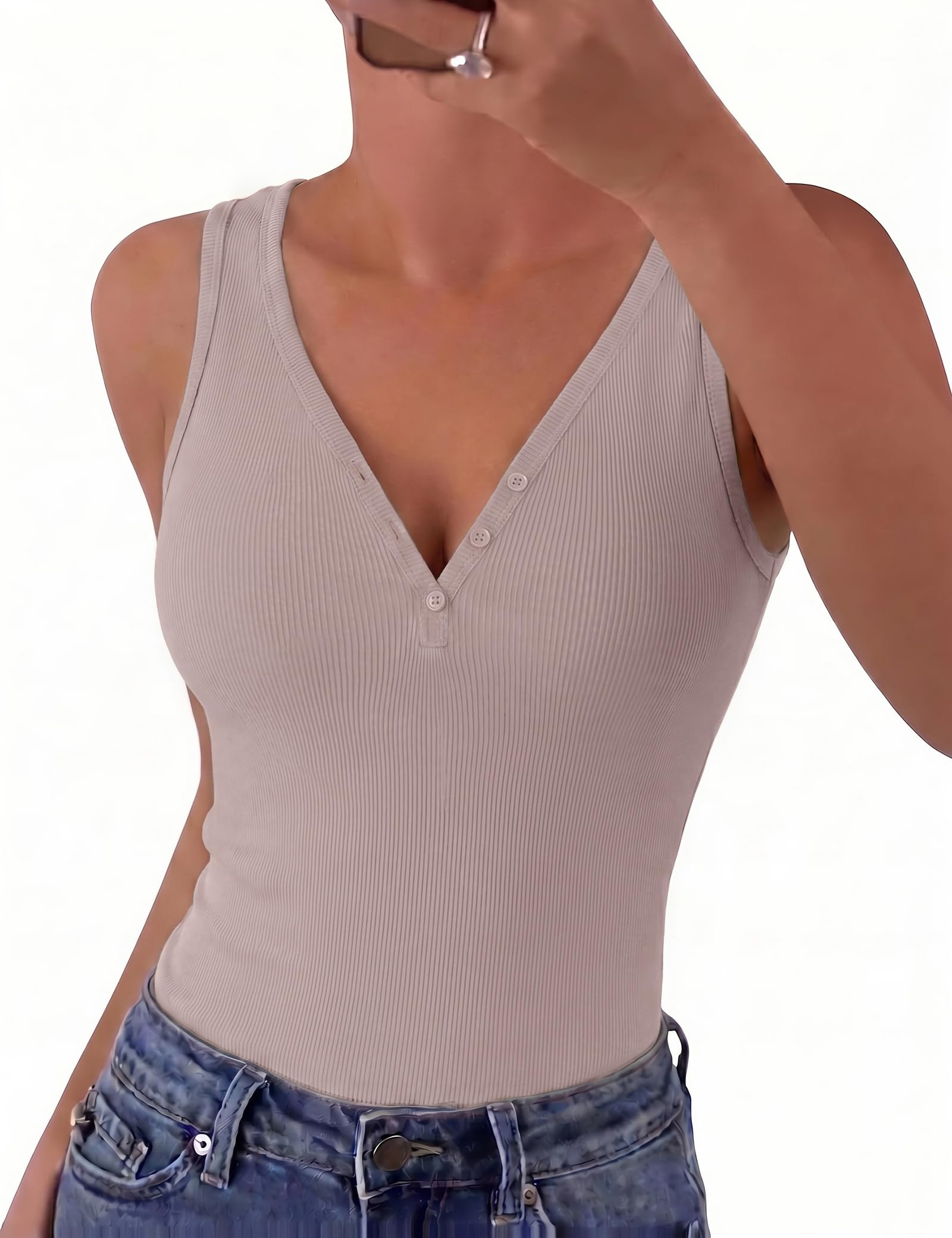 Gyabnw Damen Tanktop V-Neck Ärmelloses Oberteil Sommer Basic Geripptes Top Slim Fit Knopfleiste Casual Unterziehtop weich