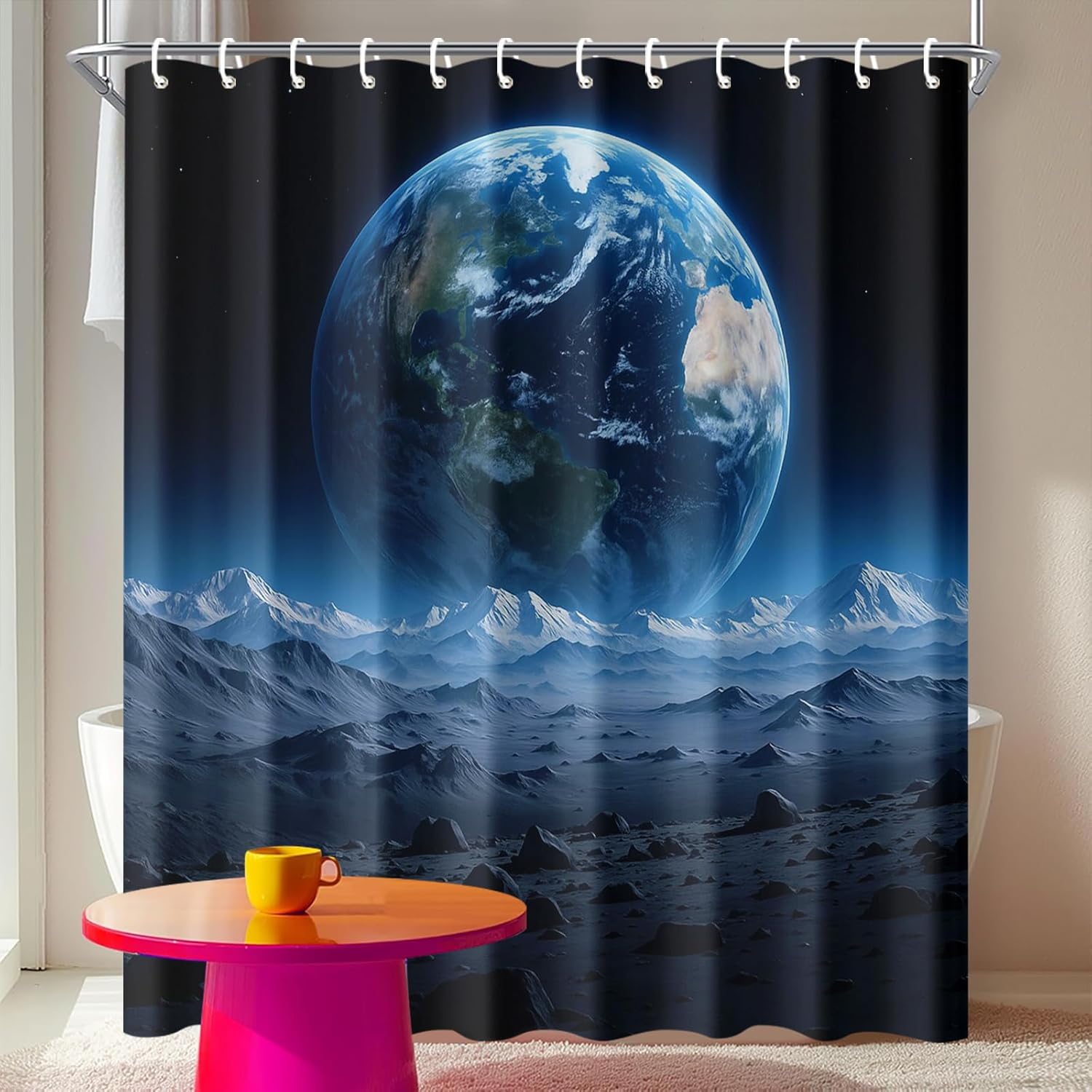 Earth View Shower Curtain 72x72 Inch with Hooks Outer Space Planet Scene Fabric Bathroom Decor with Distant Earth and Alien Terrain for Astronomy Sci Fi Lovers Cosmic Bathtub