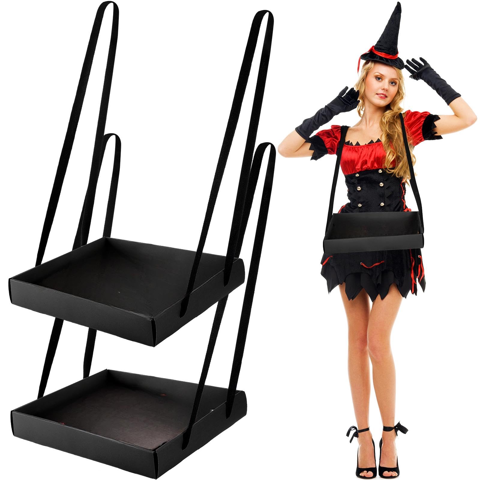 2 Pcs Wearable Party Tray Snack and Beverage Carrier Foldable Drink Carriers Drink Holder Movie Snack Trays with Strap Halloween Costume Accessory Prop with 4 Ribbons, 2 x 11 x 13 Inches (Black)