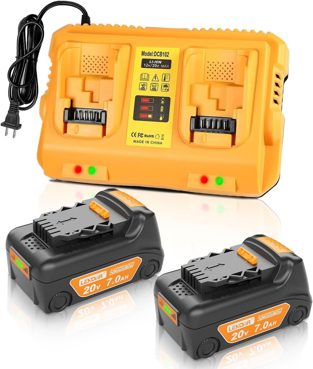 Upgraded 20v 2Packs Replacement for Dewalt 20V Max Battery 7000mAh and DCB102 Charger Comaptible with Dewalt DCD DCF DCG Series Cordless Power Tools and 12V/20V Battery Charger Orange