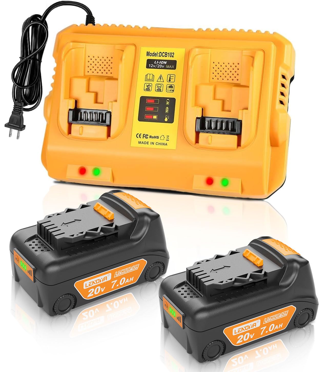 Upgraded 20v 2Packs Replacement for Dewalt 20V Max Battery 7000mAh and DCB102 Charger Comaptible with Dewalt DCD DCF DCG Series Cordless Power Tools and 12V/20V Battery Charger Orange