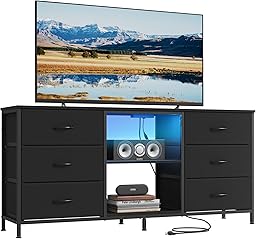 SONGMICS BELLAH Collection - TV Stand for TVs Up to 65 Inches, Dresser for Bedroom, Living Room, Chest of Drawers, Steel, 6 Drawers and 2 Shelves, Modern, Ink Black ULGS132B101S