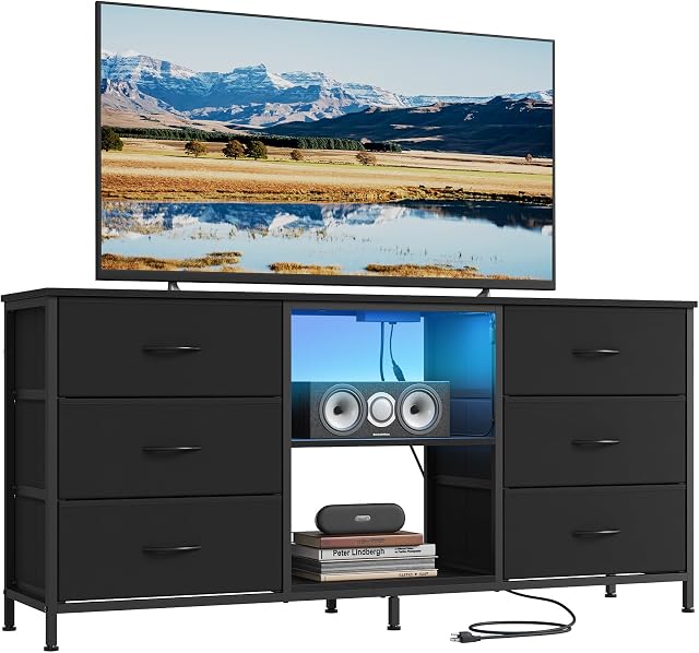 SONGMICS BELLAH Collection - TV Stand pour les téléviseurs Jusqu'à 65 Pochettes, commode pour chambre, salon, coffre de tiroirs, acier, 6 Tiroirs et 2 Étagères, moderne, encre noire ULGS132B101S