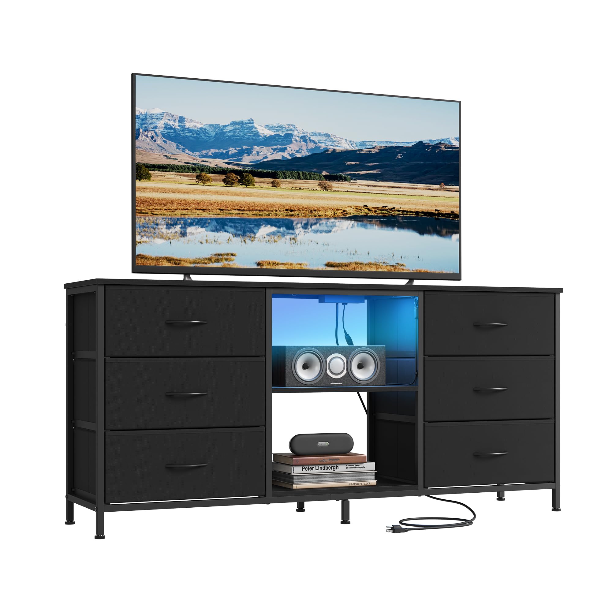 SONGMICS BELLAH Collection - TV Stand for TVs Up to 65 Inches, Dresser for Bedroom, Living Room, Chest of Drawers, Steel, 6 Drawers and 2 Shelves, Modern, Ink Black ULGS132B101S