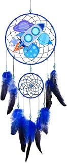 Basumee Dream Catcher for Kids Feather Dream Catchers Handmade Home Decor Wall Hanging with Double Ring for Nursery Bedroom Boys Room, Blue Rocket