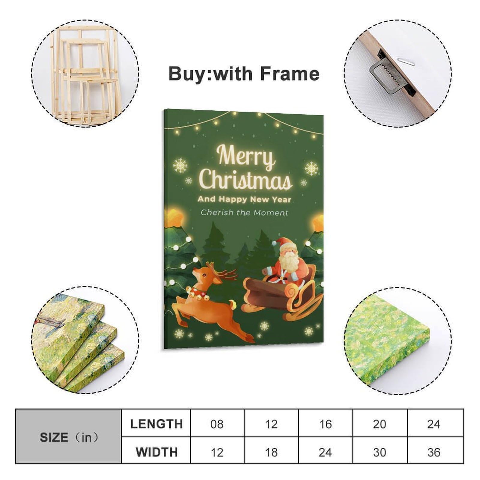 ZlXXYZ Poster su tela per decorazione moderna per famiglia e ufficio, poster natalizio con sfondo verde, doppio poster per festival con slitta di renne, doppia celebrazione, 40 x 60 cm, con cornice