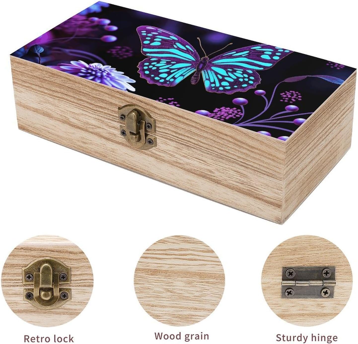 Purple Butterfly Flowers Wooden Keepsake Box Wood Storage Memory Box image 3