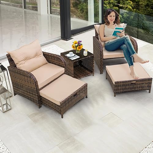 Miniatura 8 de Sillas de patio al aire libre de 5 piezas con otomanas, muebles de mimbre de polietileno para exteriores con reposapiés, juego de muebles de porche