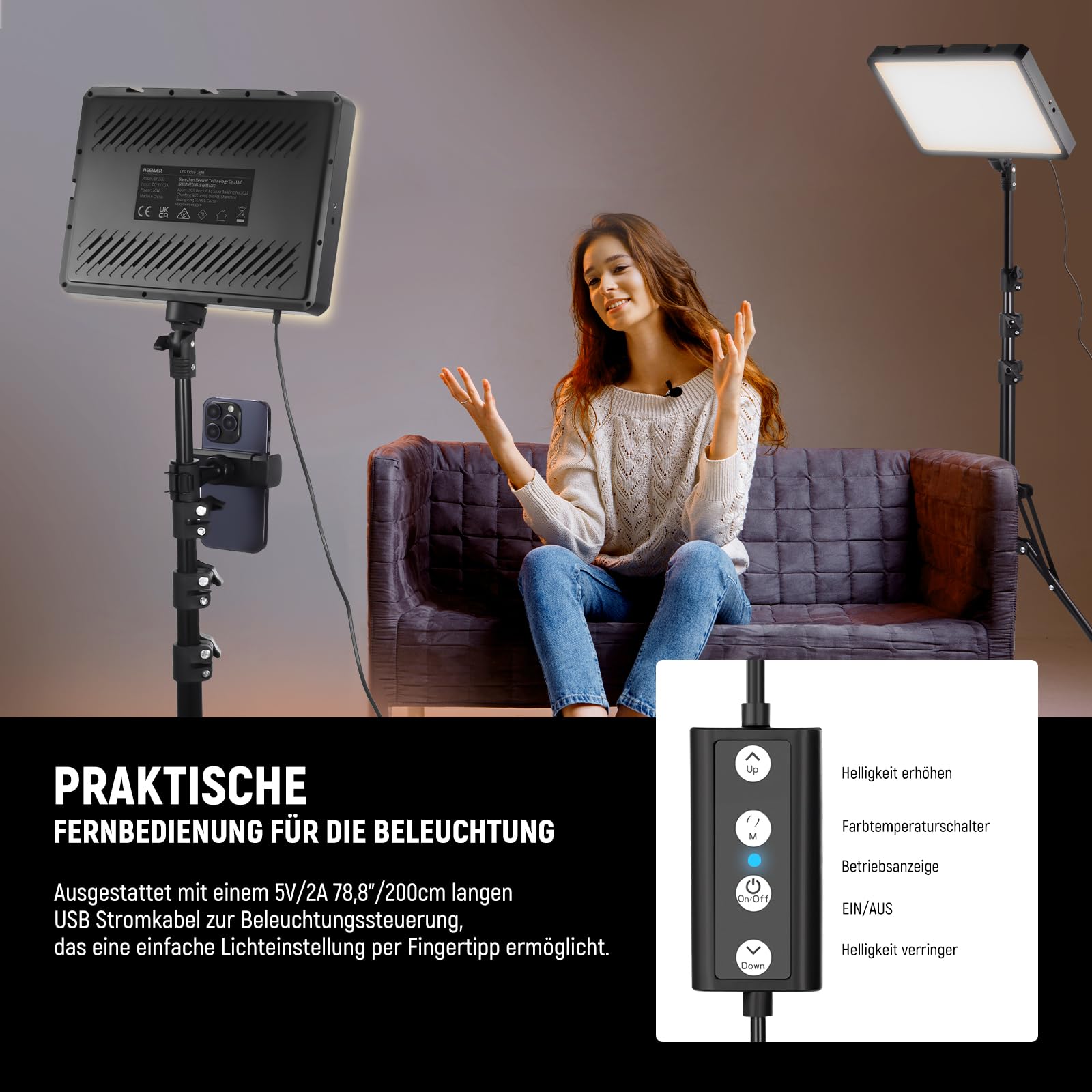 NEEWER Basics 2 STK. LED Panel Videolicht Set, Bi Farbe 2700-6500K Dimmbare Studiolicht mit 2,59'' Stativständern & 2 Handyhalterungen, 850lux für Fotografie Filmen Aufnahme Streaming, BP300