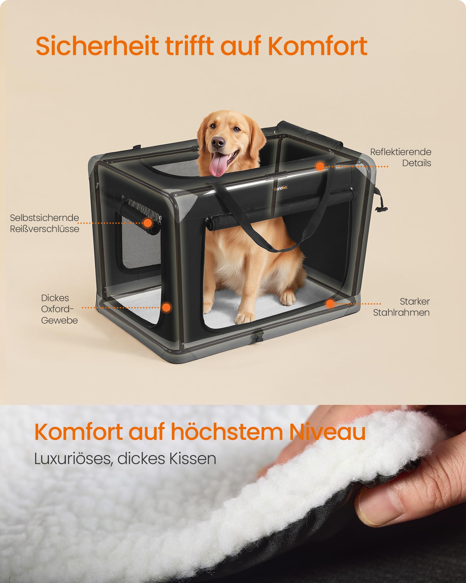 Feandrea Hundebox faltbar, Transportbox, Hundetasche, Oxford-Gewebe, mit 4 Türen aus Netzstoff, Griffen, Tasche, 91,4 cm, für große Hunde, tintenschwarz-Taubengrau PDC029BH01