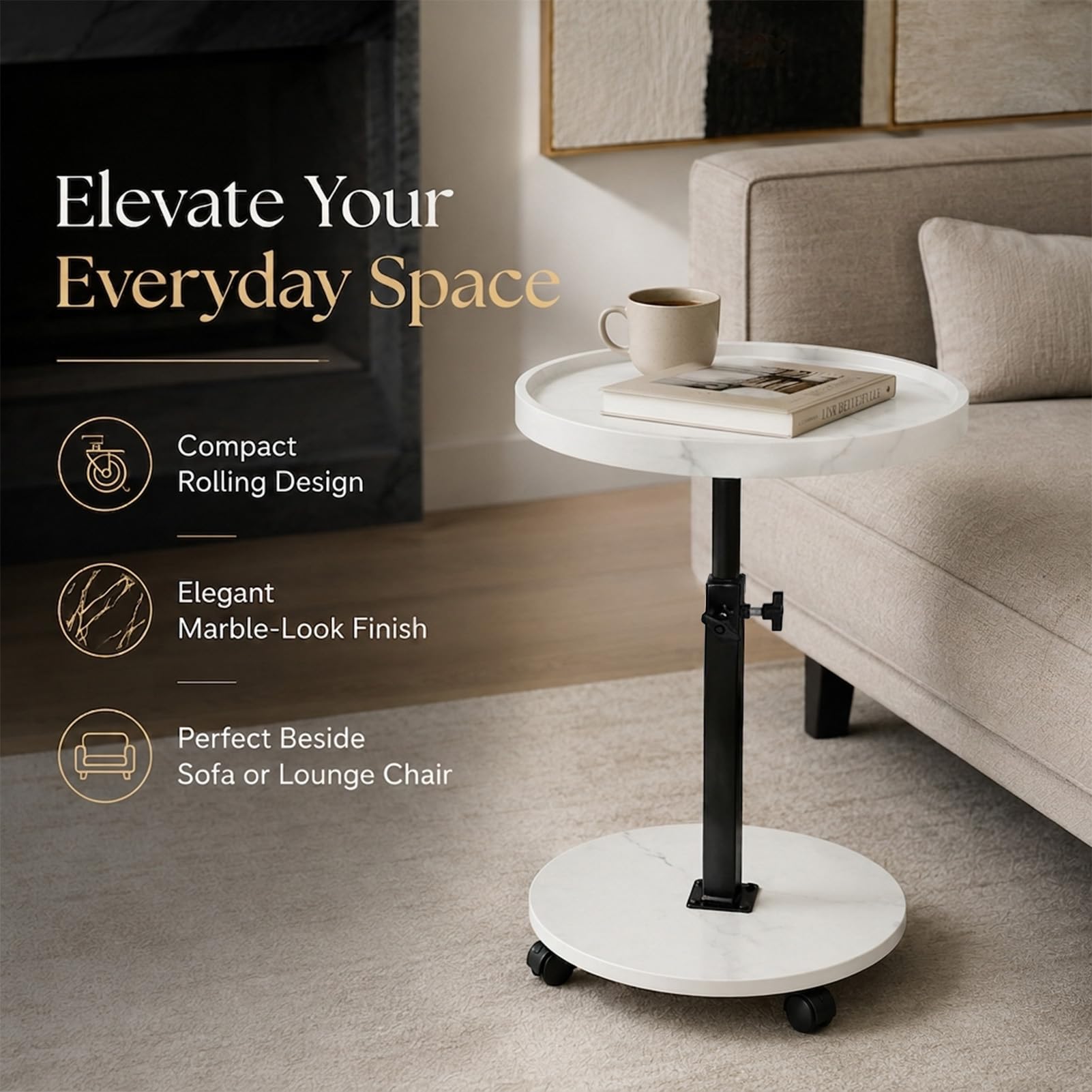 Tavolino da Divano Laterale Rotondo con Ruote, Regolabile in Altezza 45–80 cm, Girevole 360°, in Legno Finitura Noce, Tavolino Salvaspazio per Soggiorno e Camera da Letto, Ideale per Laptop