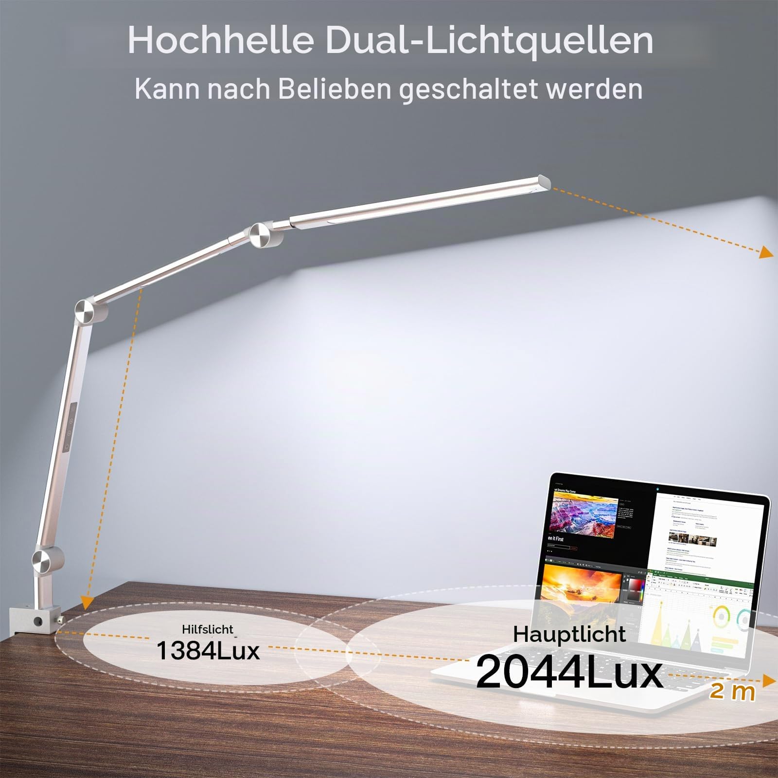 VERSKI Schreibtischlampe LED, Dimmbar 18W Doppelte Lichtquelle Schreibtischlampe für Homeoffice, Klemmbar Augenschutz Tageslichtlampe, 5 Farbtemperaturen und Helligkeit Einstellbare Büro Tischlampe