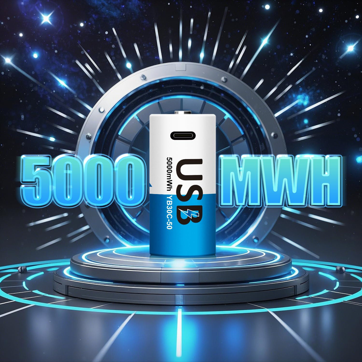 YUEBVIWIE Rechargeable C Batteries 4 Pack, 5000mWh 1.5V Lithium C Cell Batteries with USB-C 4-in-1 Charging Cable, 1500+ Cycles, LR14 Long-Lasting Batteries for Flashlights, Toys, Radios