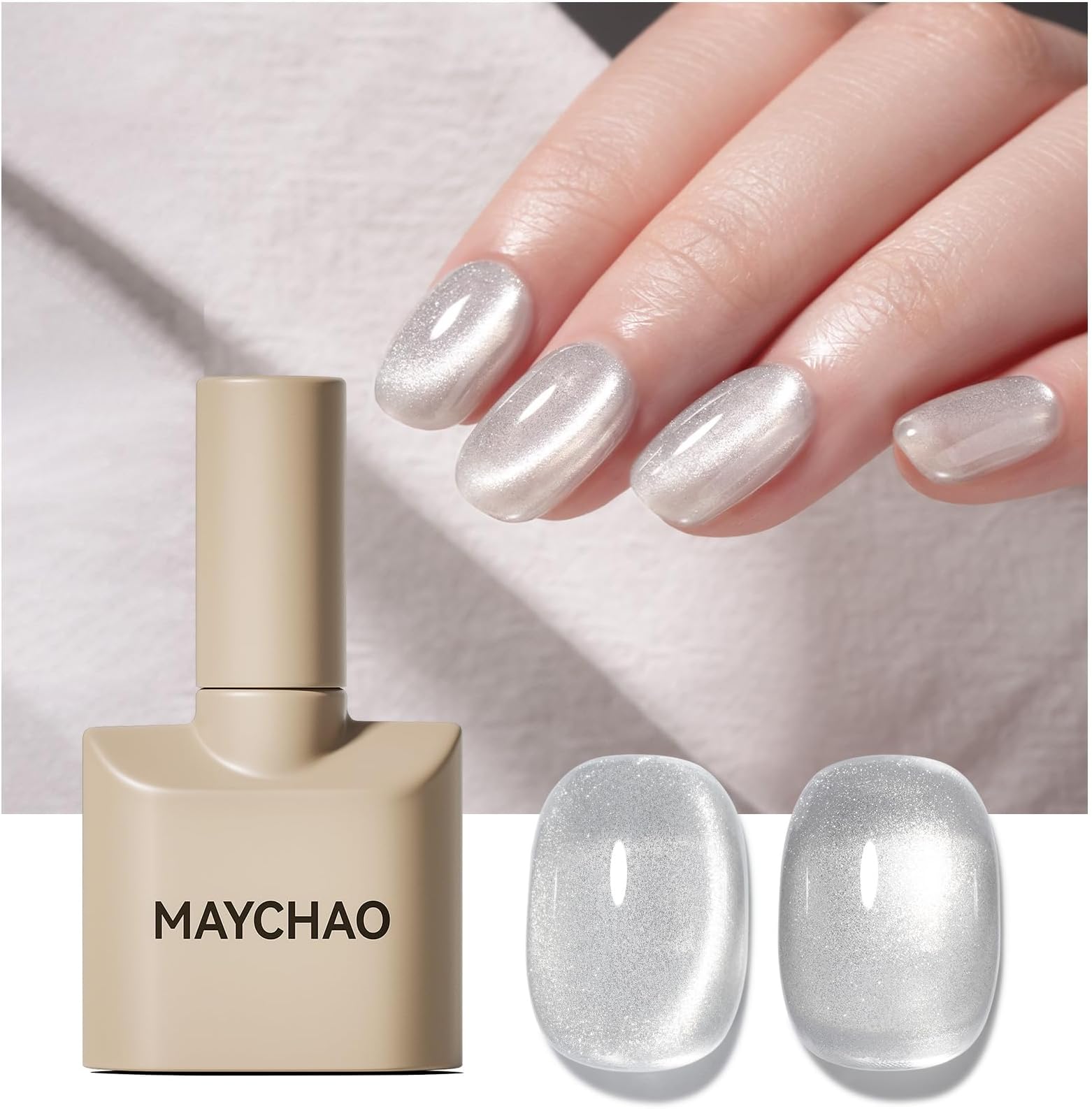 MAYCHAO 15ML Cat Eye Gel Nail Polish 1Pc Silver Magnetic Nail Polish with Magnet Soak off Holographic Cat Eye Gel Polish for Nail Art Manicure Salon DIY at Home