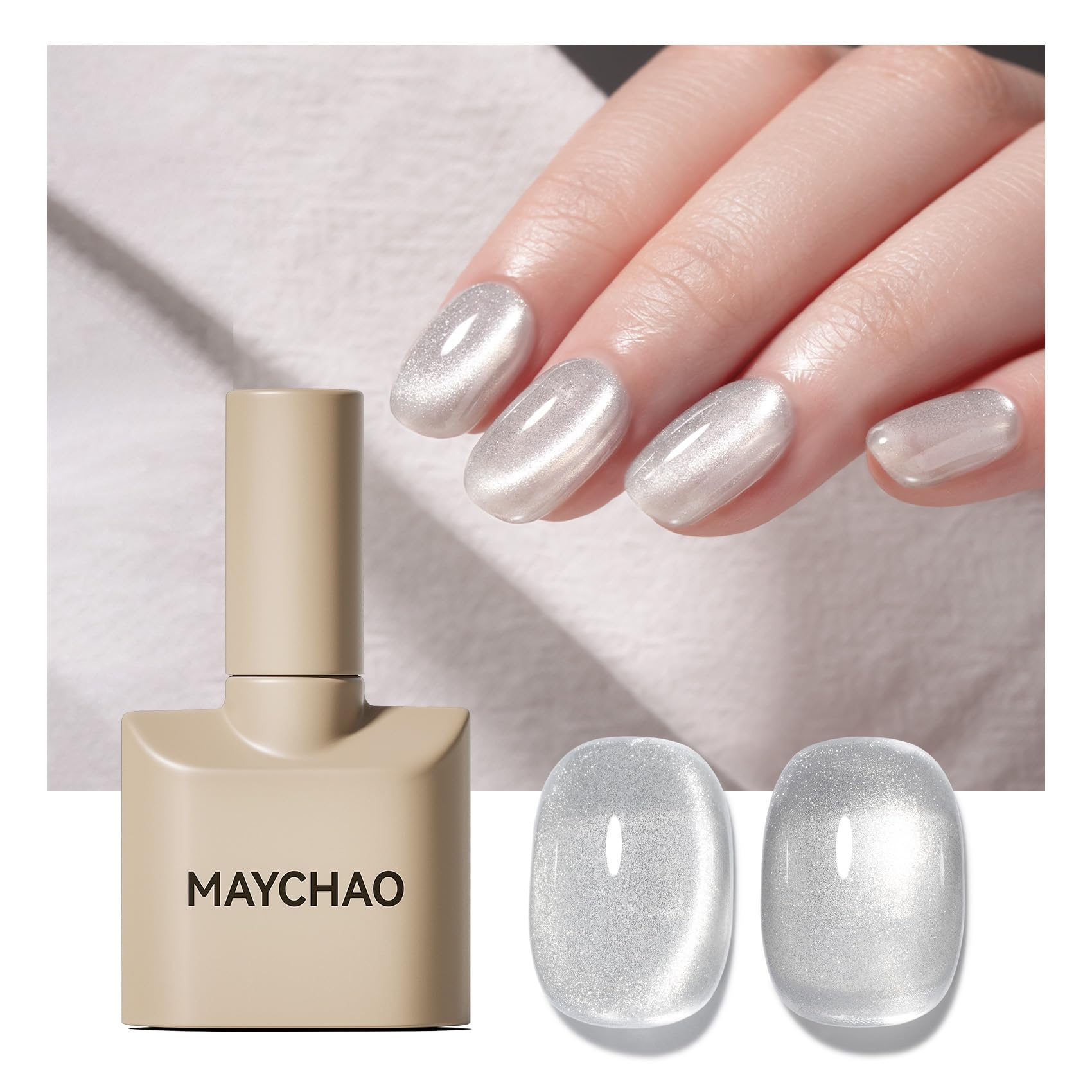 MAYCHAO 15ML Cat Eye Gel Nail Polish 1Pc Silver Magnetic Nail Polish with Magnet Soak off Holographic Cat Eye Gel Polish for Nail Art Manicure Salon DIY at Home