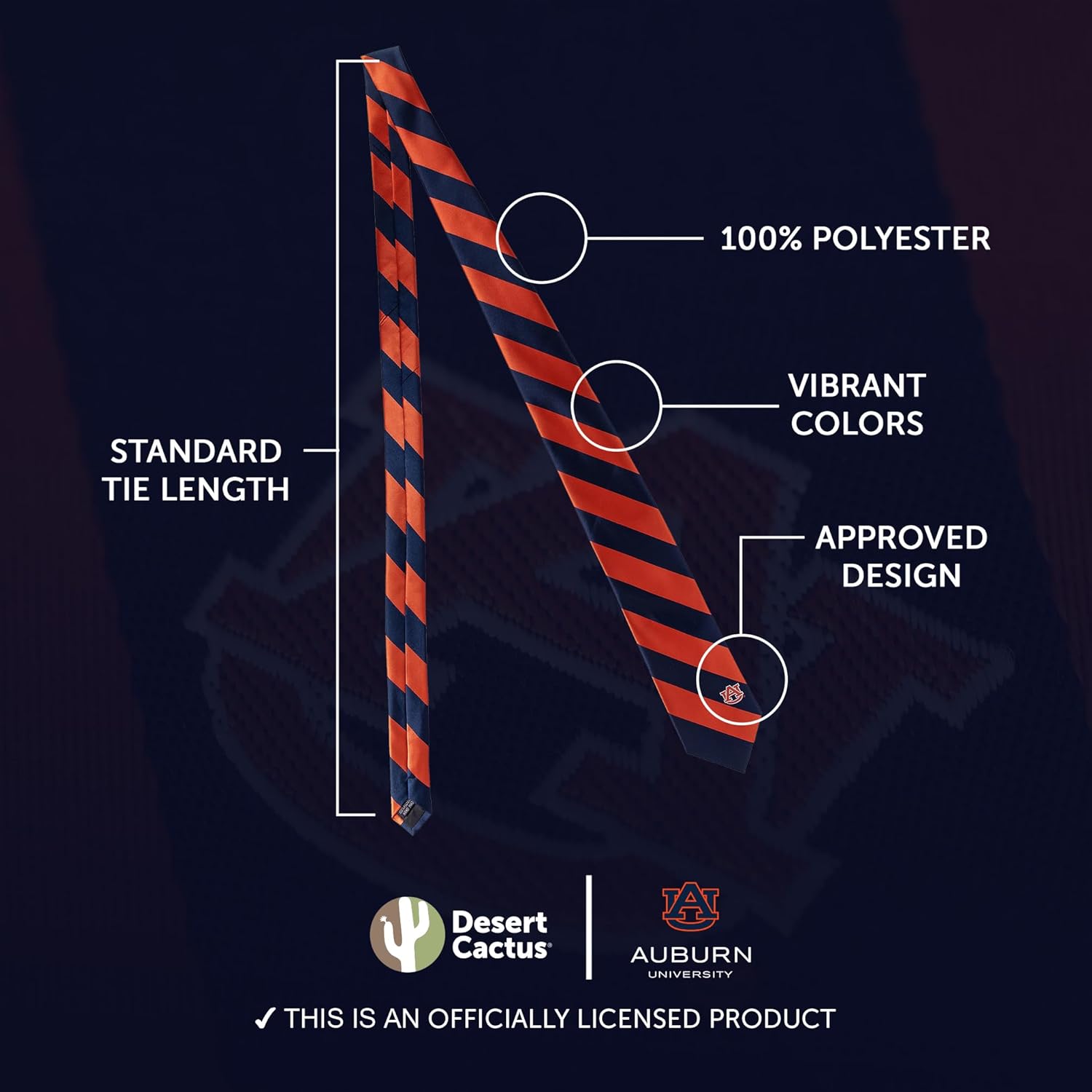 Desert Cactus Auburn University Neck Tie AU Tigers 100% Polyester Necktie with Logo, Officially Licensed - Image 3