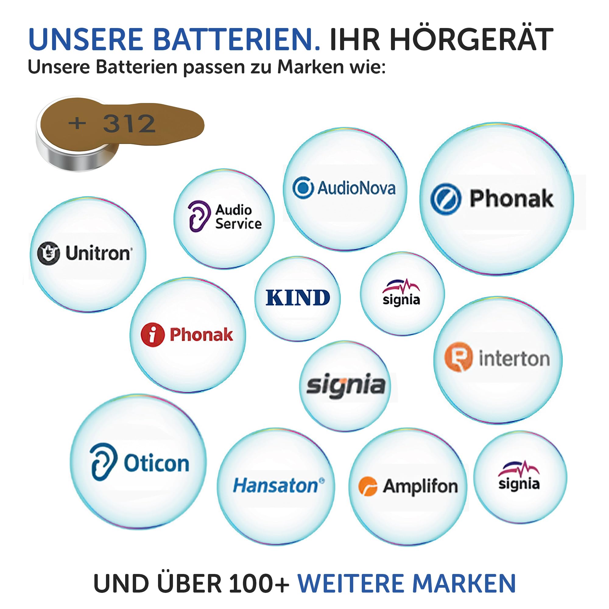 Siemens-Signia Hörgerätebatterien Typ 312 Braun, Batterien für Hörgeräte 120 Stück Vorratspack, Made in Germany, Wireless Approved, quecksilberfrei