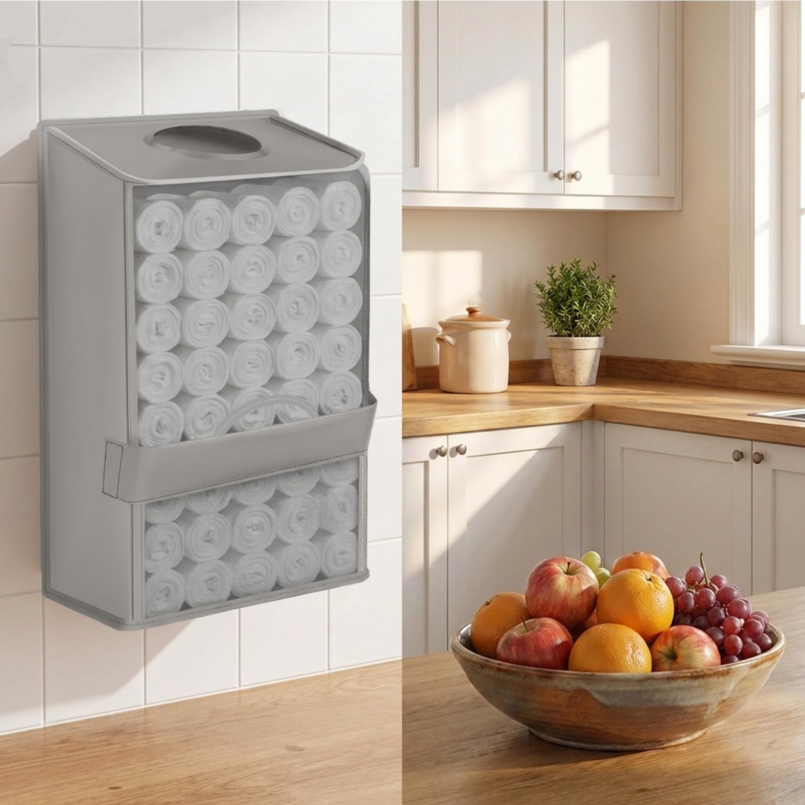 2 in 1 Plastic Bag Holder Wall Mount, 44.5x25x15cm Hanging Grocery Bags Holder for Tissue Rolls, Underwear and Pet Supplies, Oxford Cloth Trash Bag Dispenser for Kitchen, Pantry, Laundry and Garage