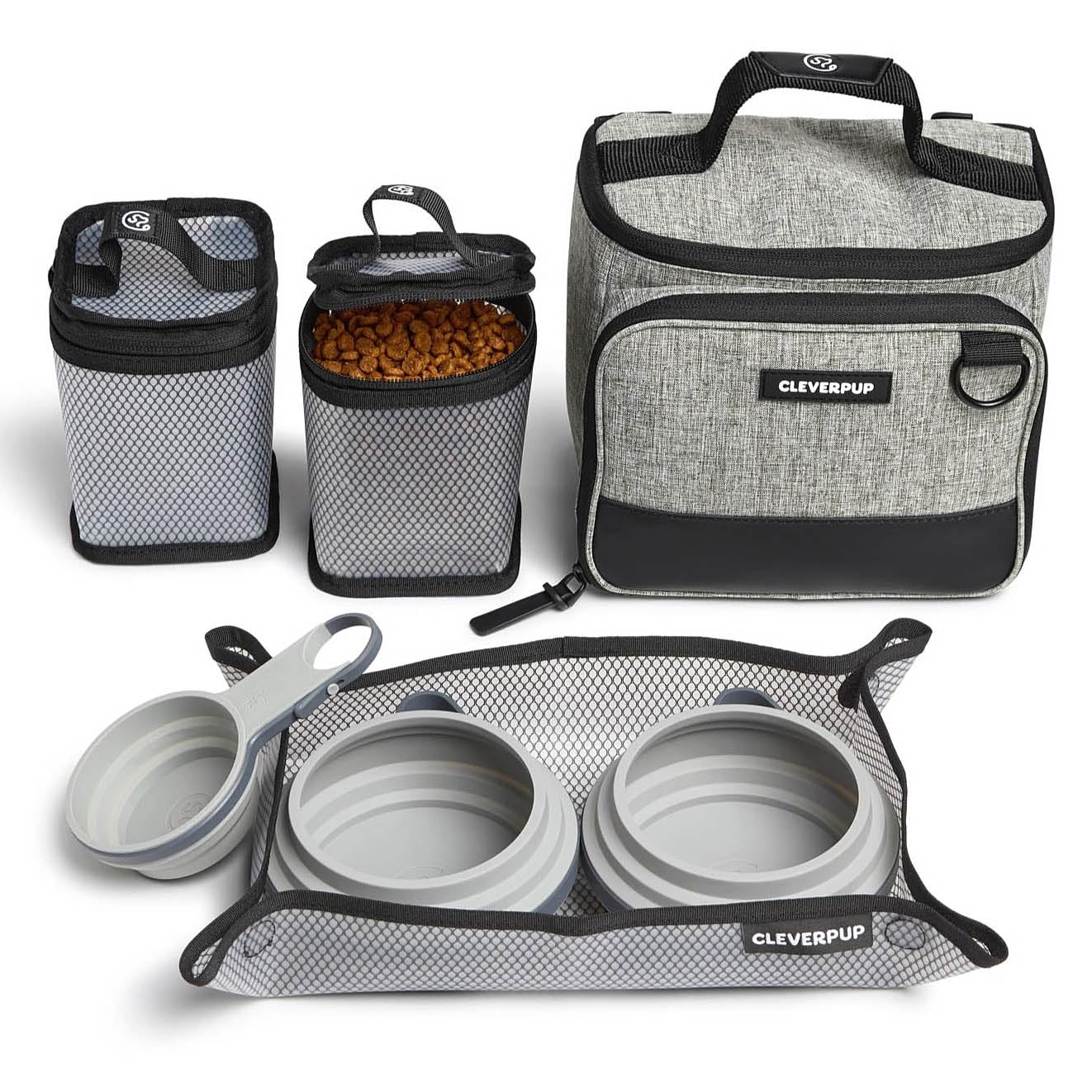 Cleverpup, Small 7-Piece Bistro Box Dog Food Travel Kit, 6-Cup BPA-Free Kibble Storage, 2 Silicone Bowls, Mat & Scoop - Portable Pet Food Kit for