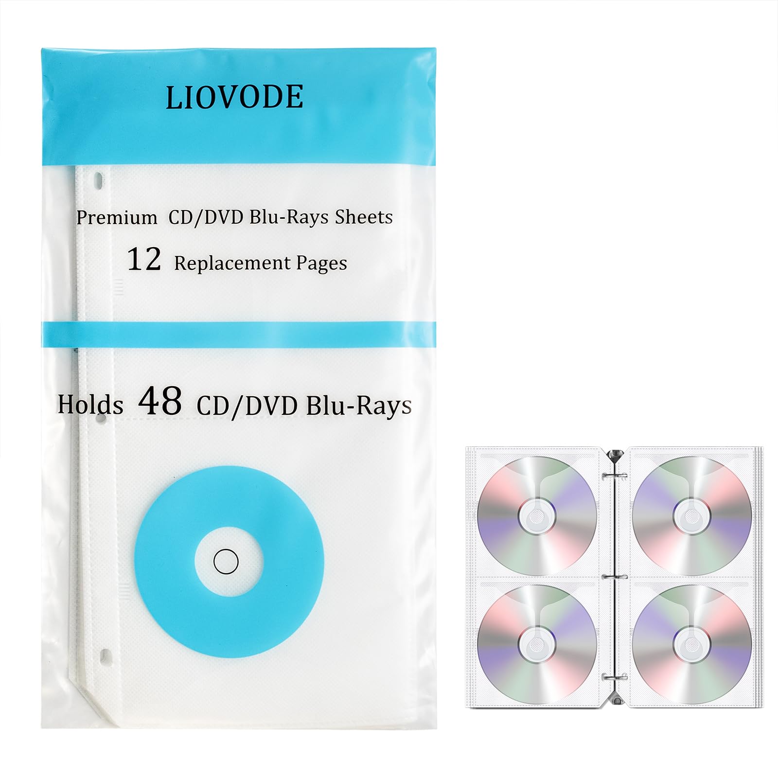 LIOVODE CD Binder Pages, Refill Sheets for 3 Ring Binders, Hold 48 DVDs, CD Case Sleeves Holder Organizer Storage for Blu Ray Inserts, 1 Pack (12 Pages)