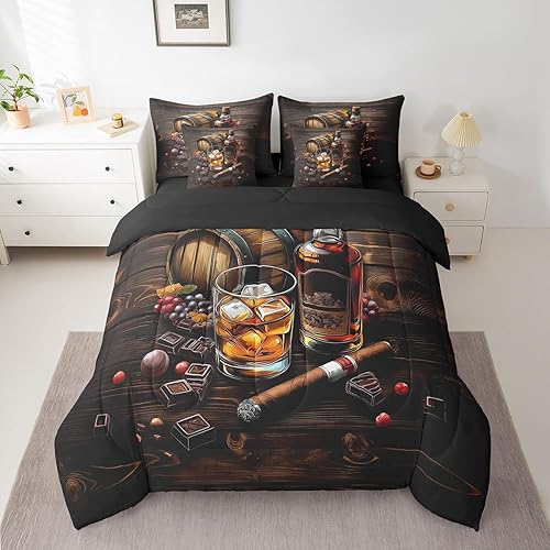 Miniatura 3 de Whisky - Juego de ropa de cama de 7 piezas tamaño Queen, juego de edredón retro de casa de campo con sábanas y fundas de almohada de whisky en una