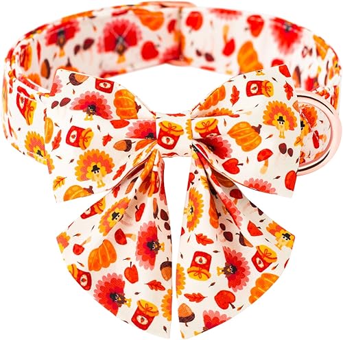 Collar de perro con bonito patrón de calabaza y pavo con corbatín, duradero, ajustable y elegante, collar para mascotas de Acción de Gracias,