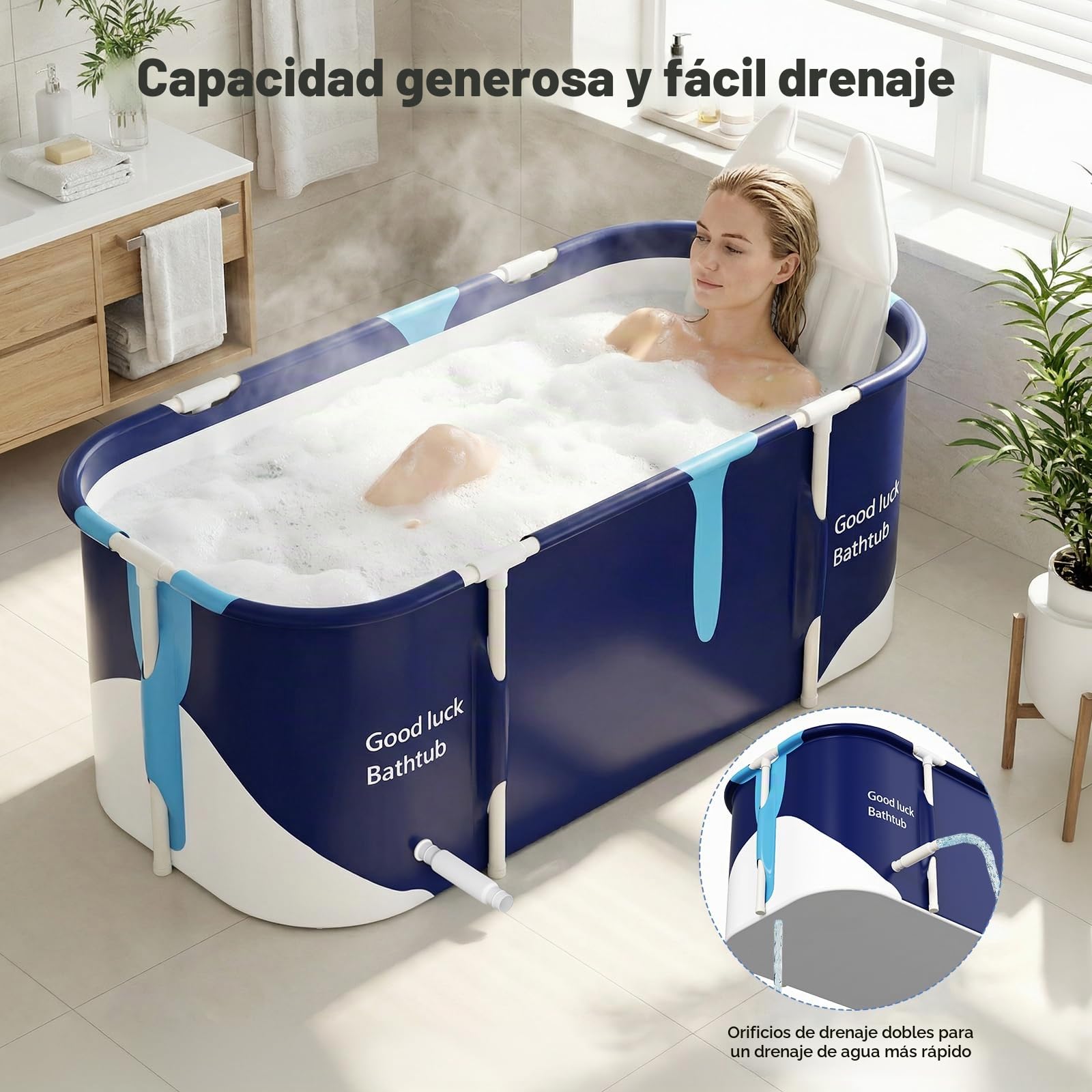 Bañera plegable aislante térmica de 5 capas con cojín de asiento y respaldo | Gran espacio interior, estructura estable, doble desagüe, poco volumen para baños pequeños
