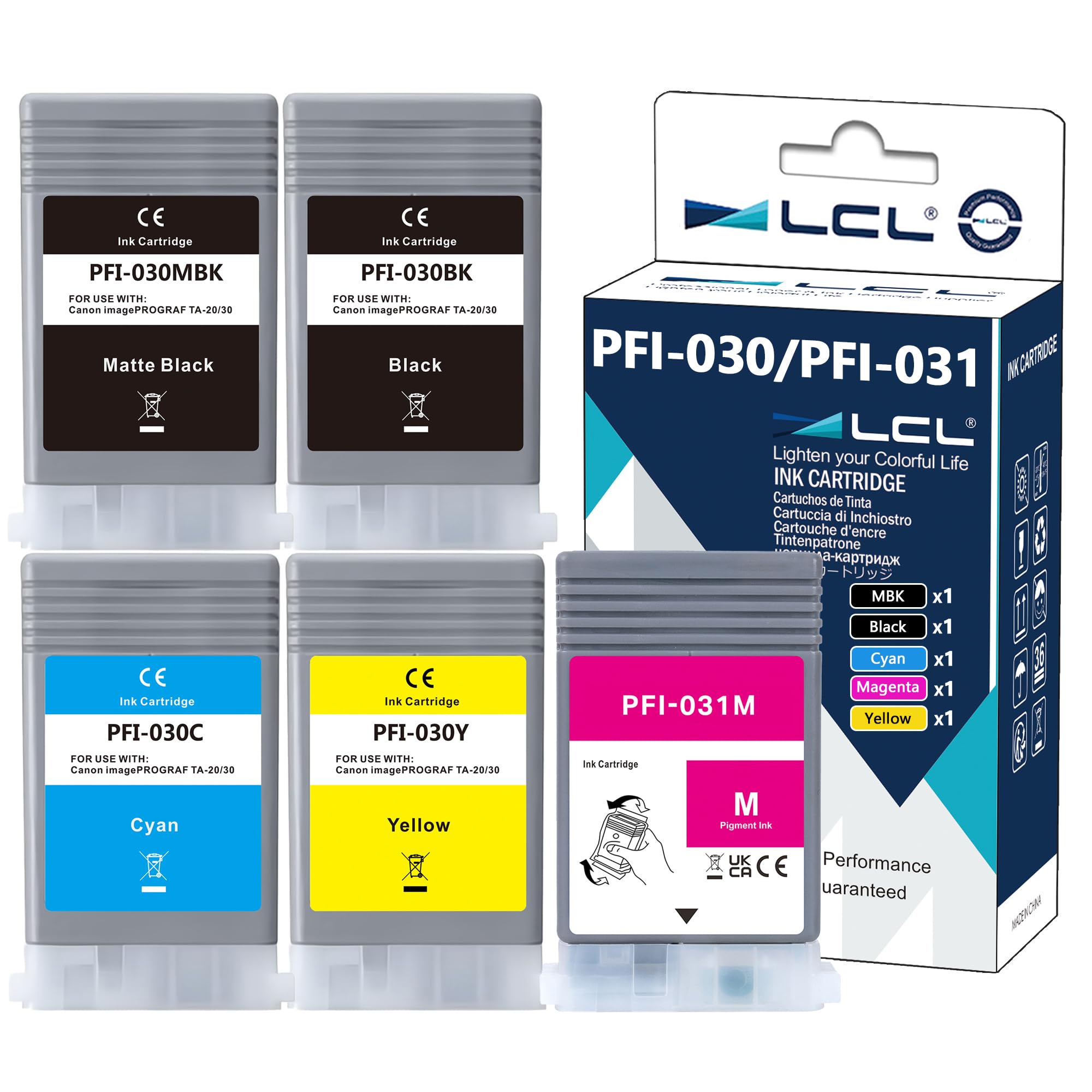 LCL PFI-030 PFI-031 Cartuccia d'inchiostro compatibile PFI030 PFI-030 PFI-031 PFI-030MBK PFI-030BK PFI-030C PFI-031M PFI-030Y Sostituzione per Canon ImagePrograf TM-240 TM-340 (FI030MBK/K/C/Y+PFI031M)