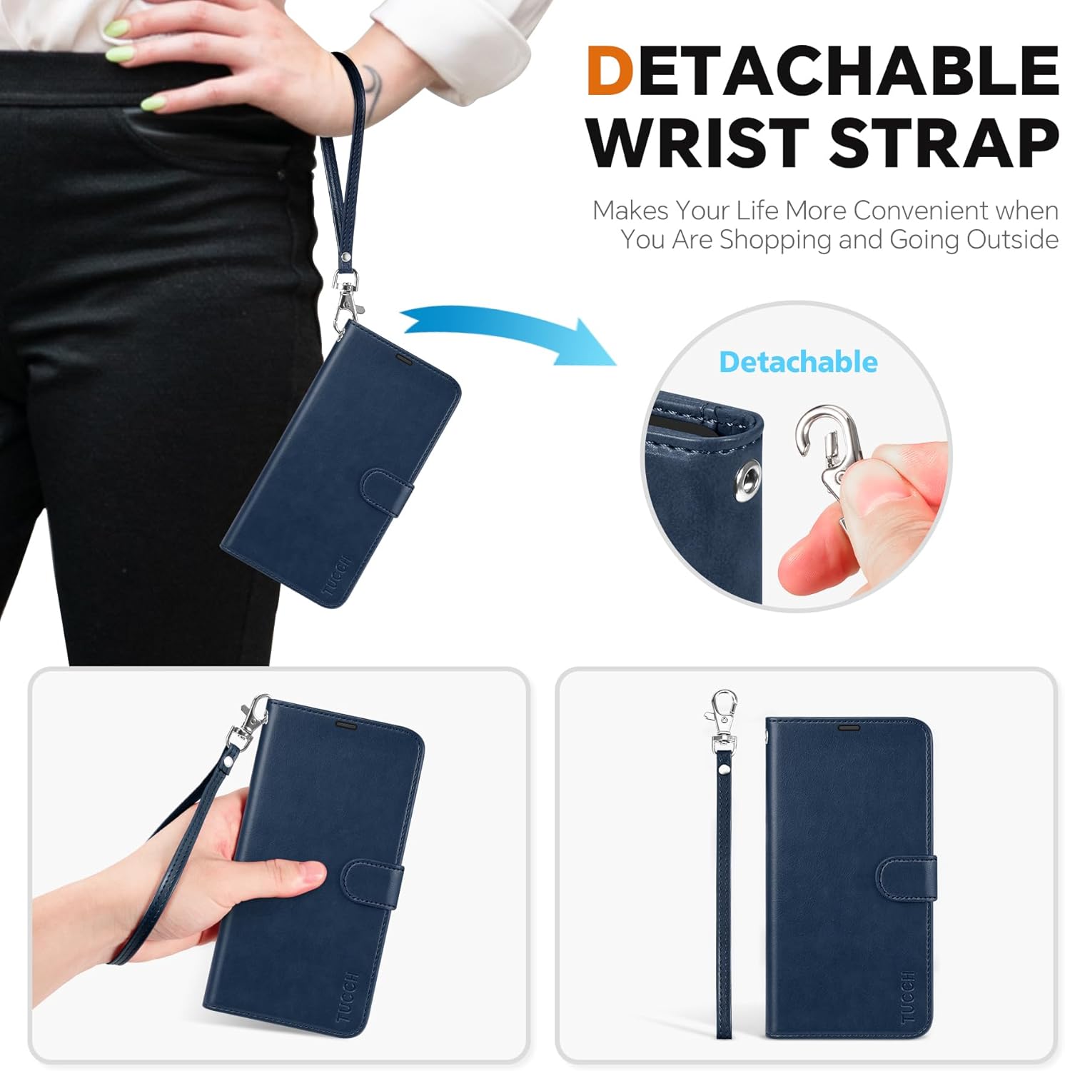 TUCCH Removable Wallet Case for iPhone 17e, Detachable Case for iPhone 16e, 2 in 1 RFID Blocking 4 Card Slots Wrist Strap [Wireless Charging] Kickstand PU Leather Magnetic Folio Cover 6.1", Dark Blue