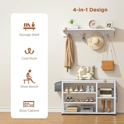 Miniatura 8 de Aiho Árbol de pasillo con banco de zapatos, industrial 4 en 1, perchero con 4 ganchos, 5 cubos de almacenamiento, para entrada, pasillo, color