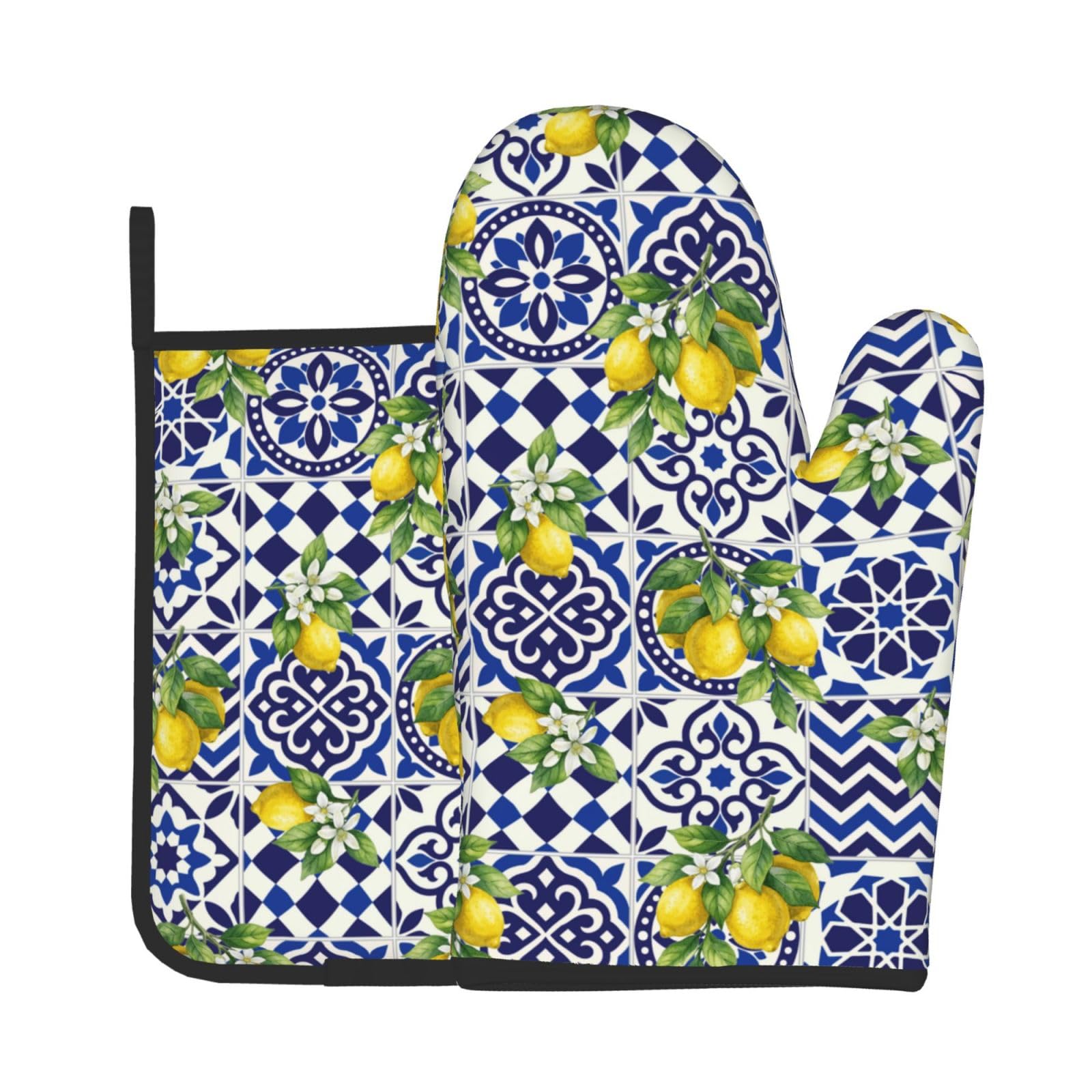 Lemon Oven Mitts and Pot Holders Sets Blue White Mediterranean Oven Mitts Heat Resistant Yellow Fruit Floral Boho Kitchen Gloves Hot Pads Two Piece Set for Summer Cooking Baking Grilling BBQ