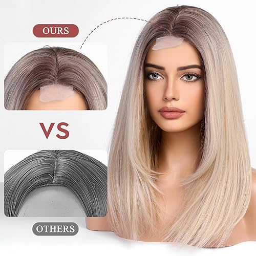 Miniatura 3 de Alanhair Pelucas rectas de encaje frontal en capas de color rubio degradado oscuro para mujer, peluca natural resistente al calor, para uso diario y