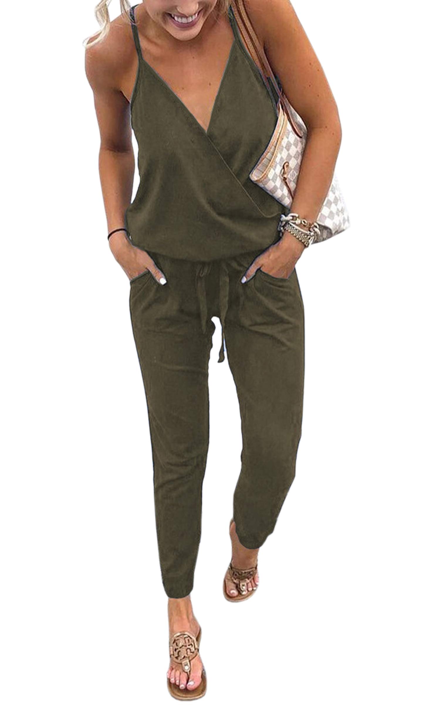 ECOWISH Damen Jumpsuit Lang V Ausschnitt Overall Sommer Ärmellos Hosenanzug Träger Playsuit Romper