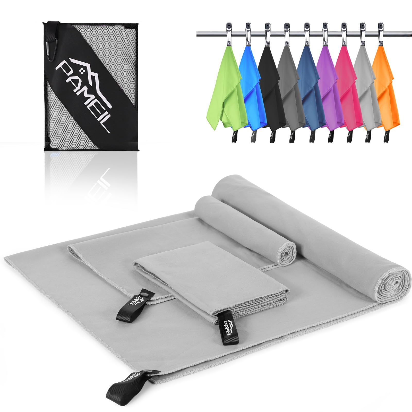 Pameil Microfibre Towel,3 Set(80 x 40cm x2 +160 x 80cm) Large Microfibre,Quick Dry Towel,Gym Workout Travel Swimming Beach Camp Outdoor Hiking (Grey)