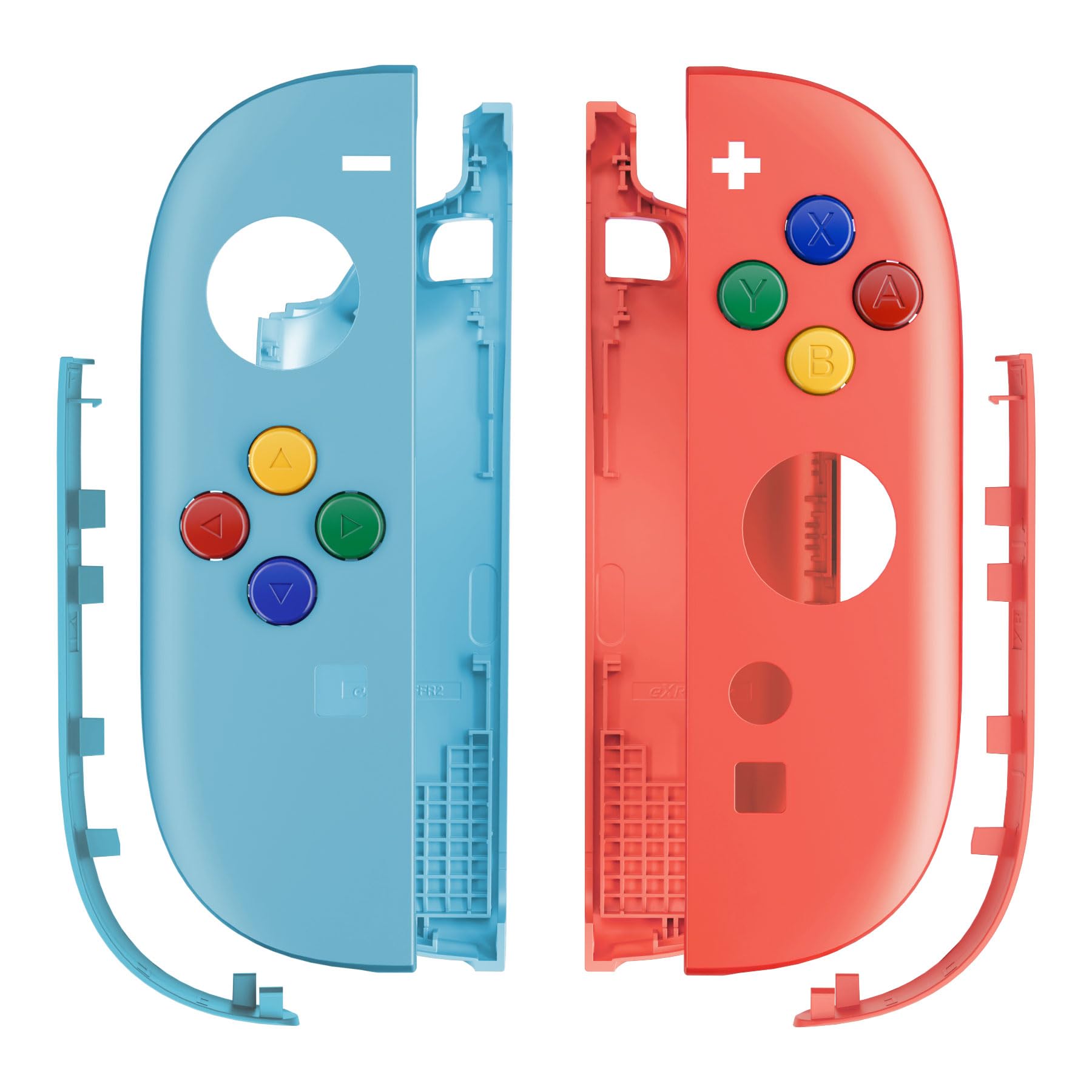 eXtremeRate Ersatz Case & Buttons Set für Switch 2 Joycons, Essence Version DIY-Faceplate/Back Cover/Griff Deko Streifen/ABXY D-Pad-Tasten Zubehör für Nintendo Switch 2 Joy Con-Blau&Orange