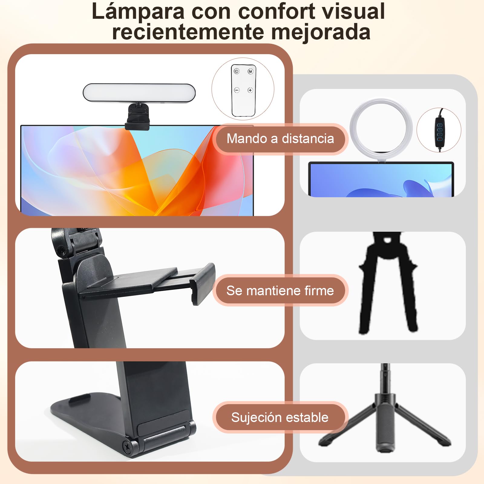 Luz Video Streaming con Mando a Distancia, Iluminación LED Monitor 3 Temperaturas Color & 10 Niveles Brillo, Luz Video 360° Giratoria para PC, Oficina, Reuniones Video, USB, Instalación Sencilla