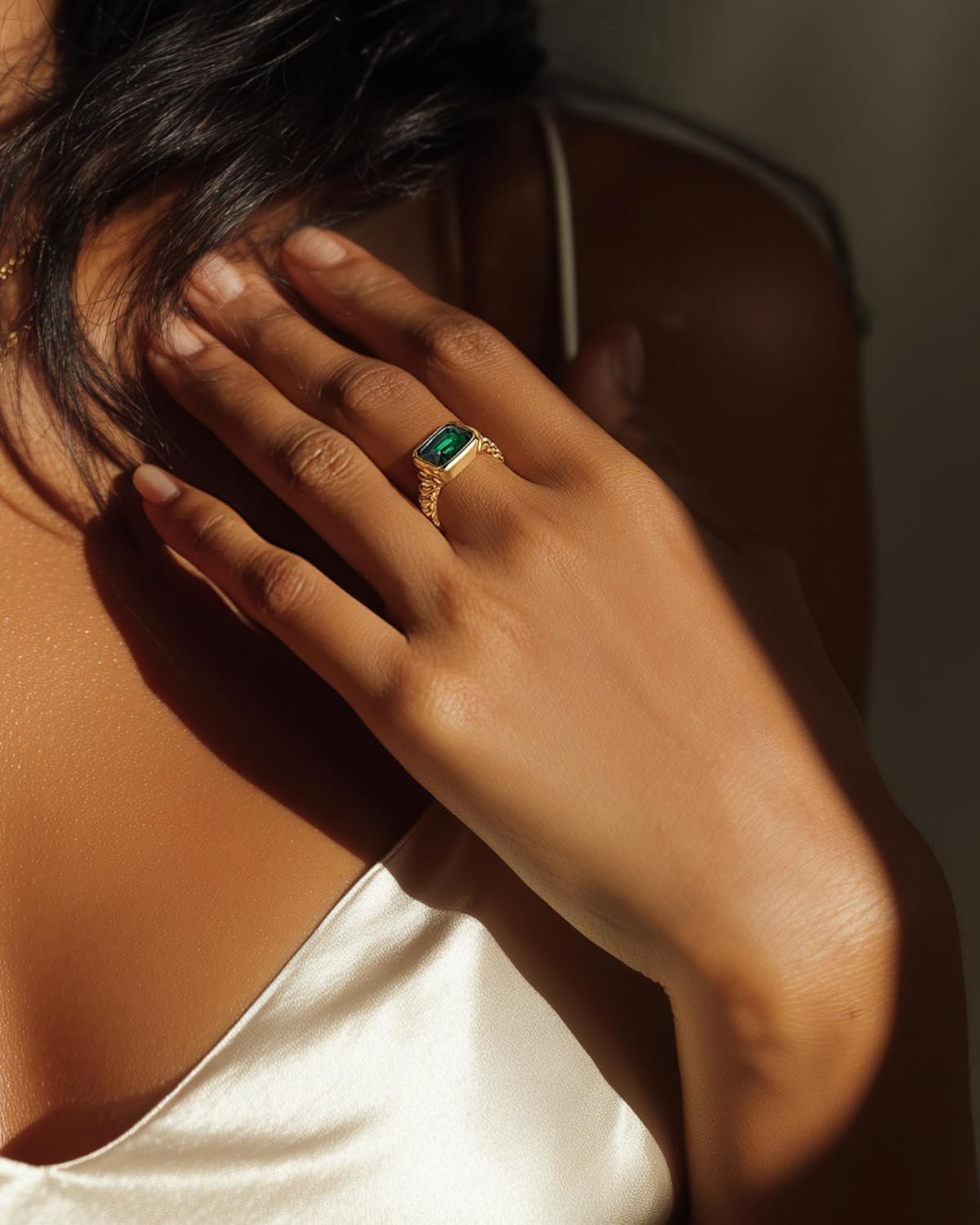 Emerald Rings for Women, 14K Gold Plated Statement Rings, Vintage Chunky Gemstone Emerald CZ Non Tarnish Gold Rings, Trendy Green Stone Ring for Women, Christmas gifts for wife, mother, and friends - Image 3