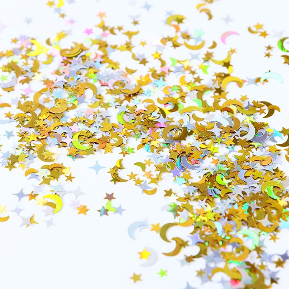 1 Box/6 Grids Nail Art Glitter Sequins,Gold Silver Star Moon Four-Pointed Stars Nail Sequin 3D Nail Glitter Shining Glitter Flakes for Women DIY Nail Charms Nail Decorations Nail Art Crafts