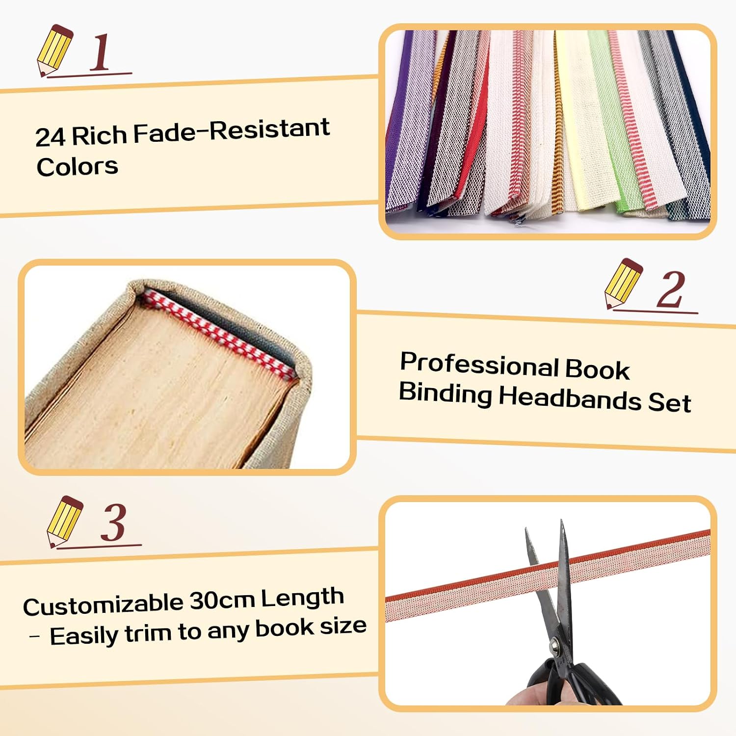 24Pcs Book Binding Headbands - 24 Color 12 x 0.5 Inch(LxW), Book Binding Supplies Kits Bookbinding Cloth Kit Books Repair Making Kits for Beginners Decoration image 2
