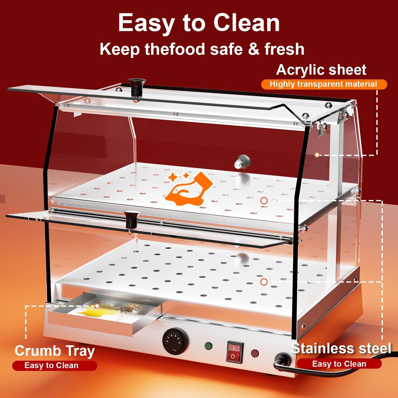 TAIMIKO Calientaplatos Comercial,Calentador de Alimentos de Acero Inoxidable de 2 Niveles para Pizza, Platos Calientes, bollería, mostradores, panaderías, restaurantes